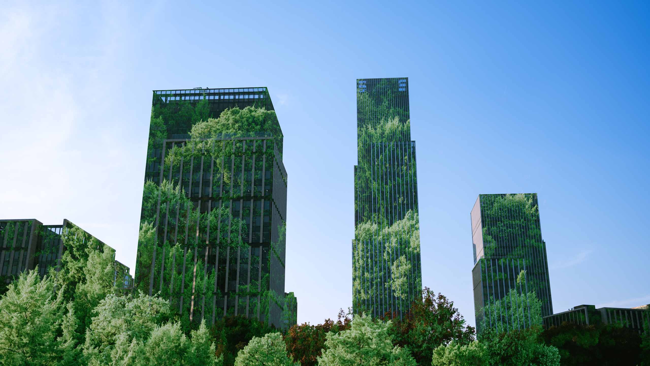 Tall glass buildings with trees reflected across them