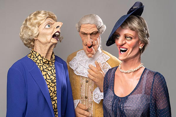 Spitting Image puppets of Margaret Thatcher, James Gillray and Lady Diana.