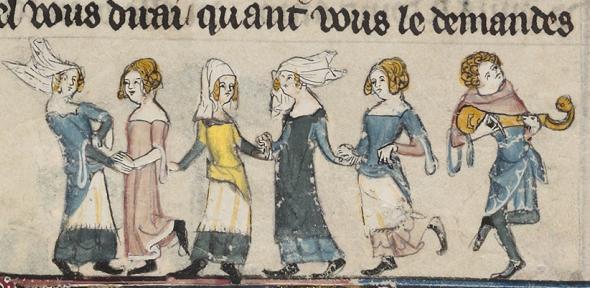 Minstrel playing music and women dancing, from Bodleian Library MS Bodl-264, 00216, fol-97v