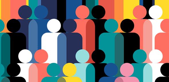 Geometric illustration of multi coloured human figures