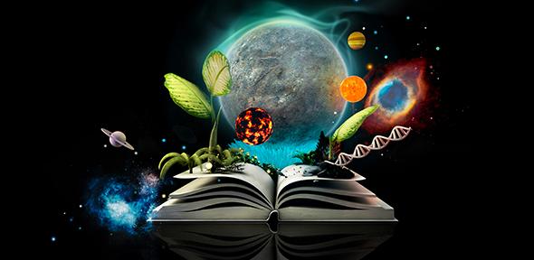 Composite graphic showing planets, vegetation, DNA and book