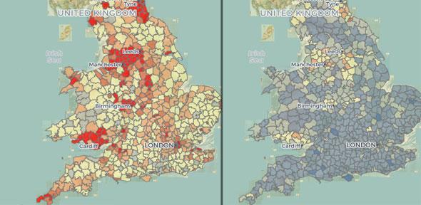 Early childhood mortality rates in 1851 (left) and 1911 (right). The highest rates are in red and the lowest in blue.