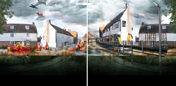 Artist's interpretation of existing (left) and adapted (right) responses to flooding