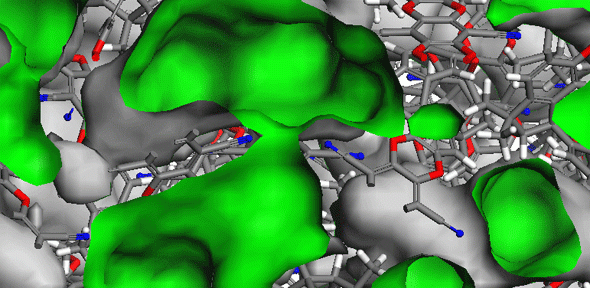 Polymer molecular sieves with interconnected pores (in green) for rapid and selective transport of molecules