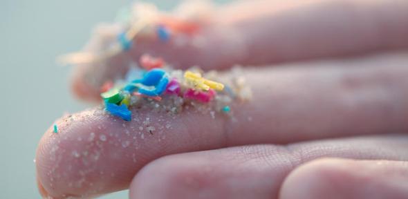 Researcher holding small pieces of micro plastic pollution washed up on a beach 