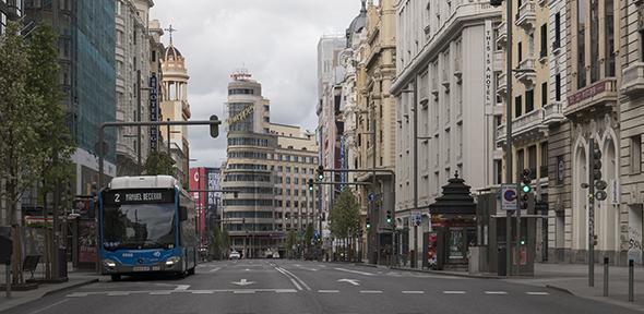 A deserted Grand Via, in the heart of Madrid, a week after the lockdown started.  