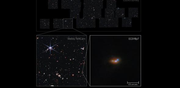 This image shows the galaxy EGSY8p7, a bright galaxy in the early Universe where light emission is seen from, among other things, excited hydrogen atoms – Lyman-α emission. 