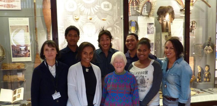 Delegation from Tagai State College in front of the Torres Strait display at the Museum of Archaeology and Anthropology