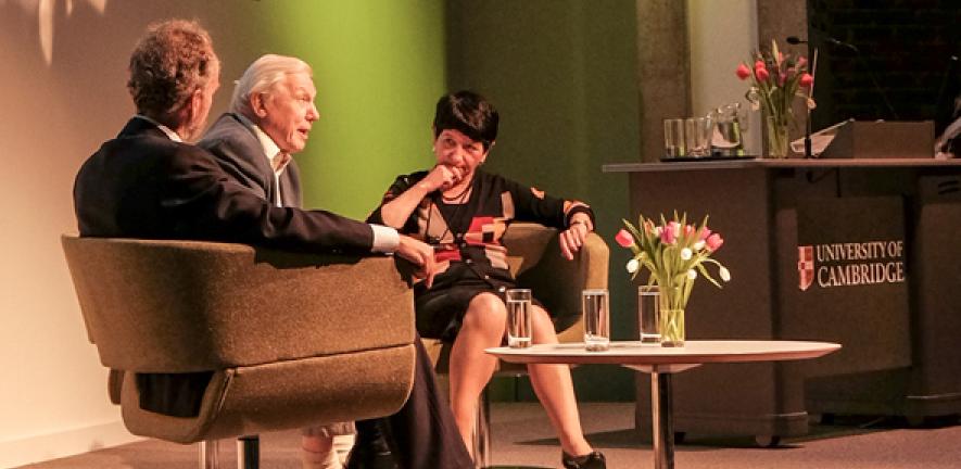 Executive Director, of the Cambridge Conservation Initiative Dr Mike Rands, Sir David Attenborough and Dame Alison Richard in conversation