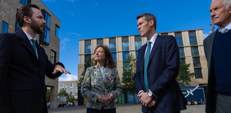 From left, Matt Johnson, Head of Development at North West Cambridge; Vice-Chancellor Professor Deborah Prentice; Matthew Pennycook MP, Minister for Housing and Planning, and  Peter Freeman, Chair of Homes England.