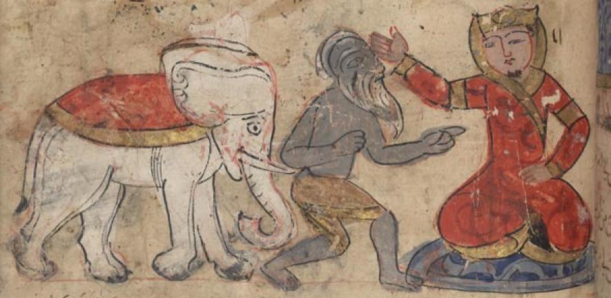 A fakir presents a white elephant to the King, from Kalila wa Dimna by Abdu llah ibn al-Mugaffa