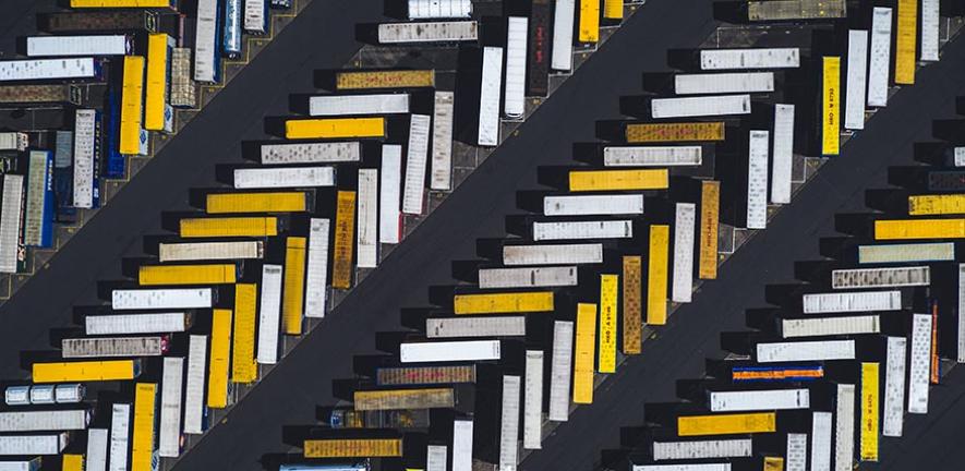 Aerial shot of parked trucks, Scunthorpe, United Kingdom