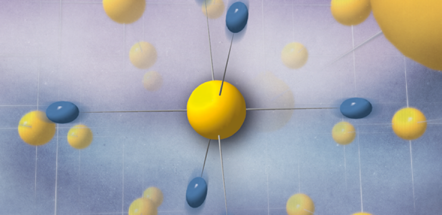 Structure with symmetric hydrogen bonds induced by the quantum behavior of the protons, represented by the fluctuating blue spheroids