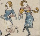 Minstrel playing music and women dancing, from Bodleian Library MS Bodl-264, 00216, fol-97v