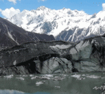 Lake on the surface of Lirung Glacier. The rapid drainage of such lakes may cause flooding downstream and may have contributed to devastating mudflows during the earthquake. 