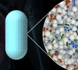 As intestinal fluid hydrates the capsule, both bile (brown) and water (blue) enter; bile-acid adsorbing resins (BARs, white) hold back the progress of the bile long enough for the water to rehydrate the bacteria (green)