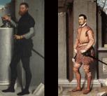 Left: Giovanni Battista Moroni, Portrait of a Gentleman with His Helmet on a Column, ca. 1555-56. Middle: Giovanni Battista Moroni, The Gentlemen in Pink, 1560, Palazzo Moroni, Bergamo. Right: Moretto da Brescia, Portrait of a Man, 1526,  Oil on canvas.