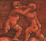 'Detail of Hans Baldung Grien (attr.), Title Border with Wrestling Putti, colour woodcut from two blocks (red and black). Title page of Juan López, De libertate ecclesiastica (Strasbourg: Johann Schott, 1511).