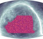 A new map of the dark matter made by the Atacama Cosmology Telescope. The orange regions show where there is more mass; purple where there is less. The typical features are hundreds of millions of light years across. The grey/white shows where contaminating light from dust in our Milky Way galaxy, measured by the Planck satellite, obscures a deeper view.