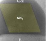 Images recorded in the electron microscope showing the formation of a nickel silicide (NiSi2) nanoparticle (coloured yellow) in a silicon nanowire