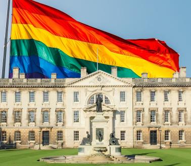 Gibbs Building at King's College by Lloyd Mann with a big Rainbow flag by Alexander Spatari for Getty Images