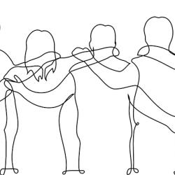 Line drawing of a group of people in a line with arms around each other