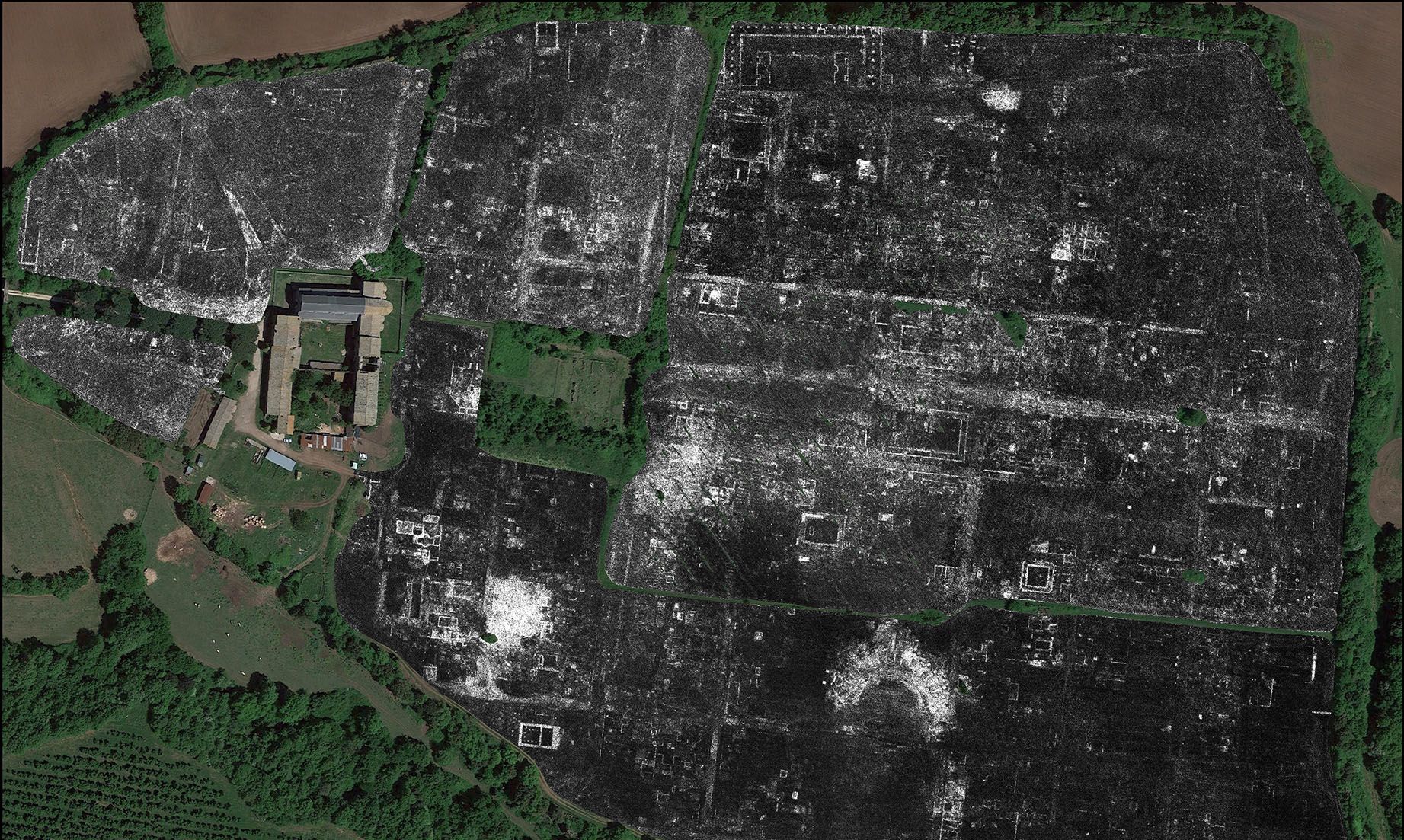 A slice of ground penetrating radar data from Falerii Novi, revealing the outlines of the town’s buildings. Image: L. Verdonck