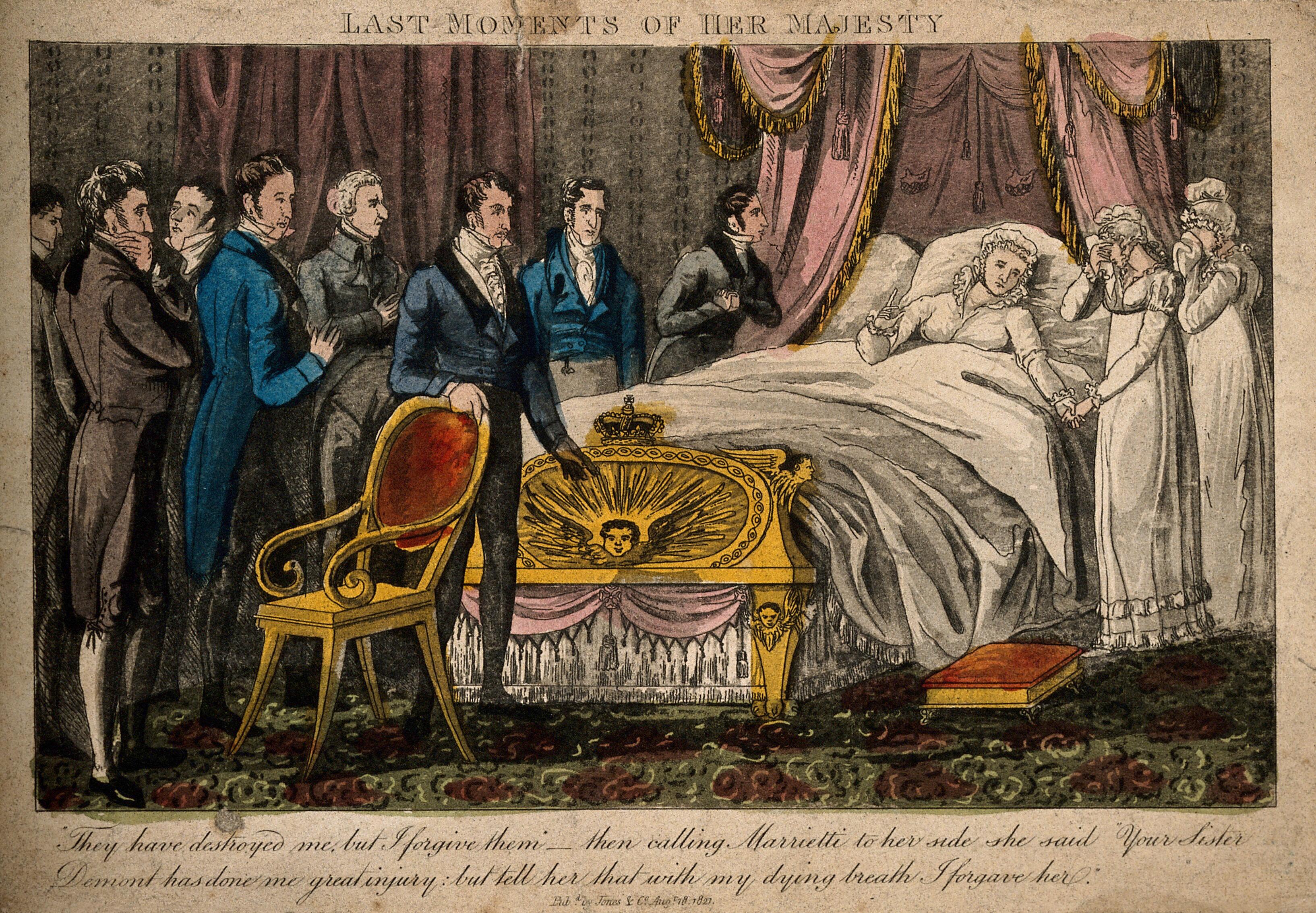 The death bed of Queen Caroline. Coloured etching, 1827. Credit: Wellcome Collection