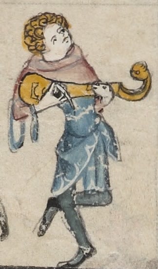 A minstrel playing a musical instrument, from Bodleian Library, MS Bodl-264, 00216, fol-97v