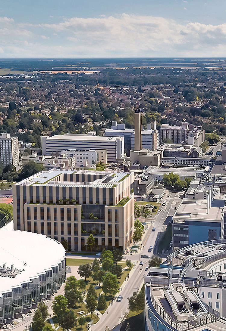 Artist's impression of Cambridge Cancer Research Hospital on the Cambridge Biomedical Campus
