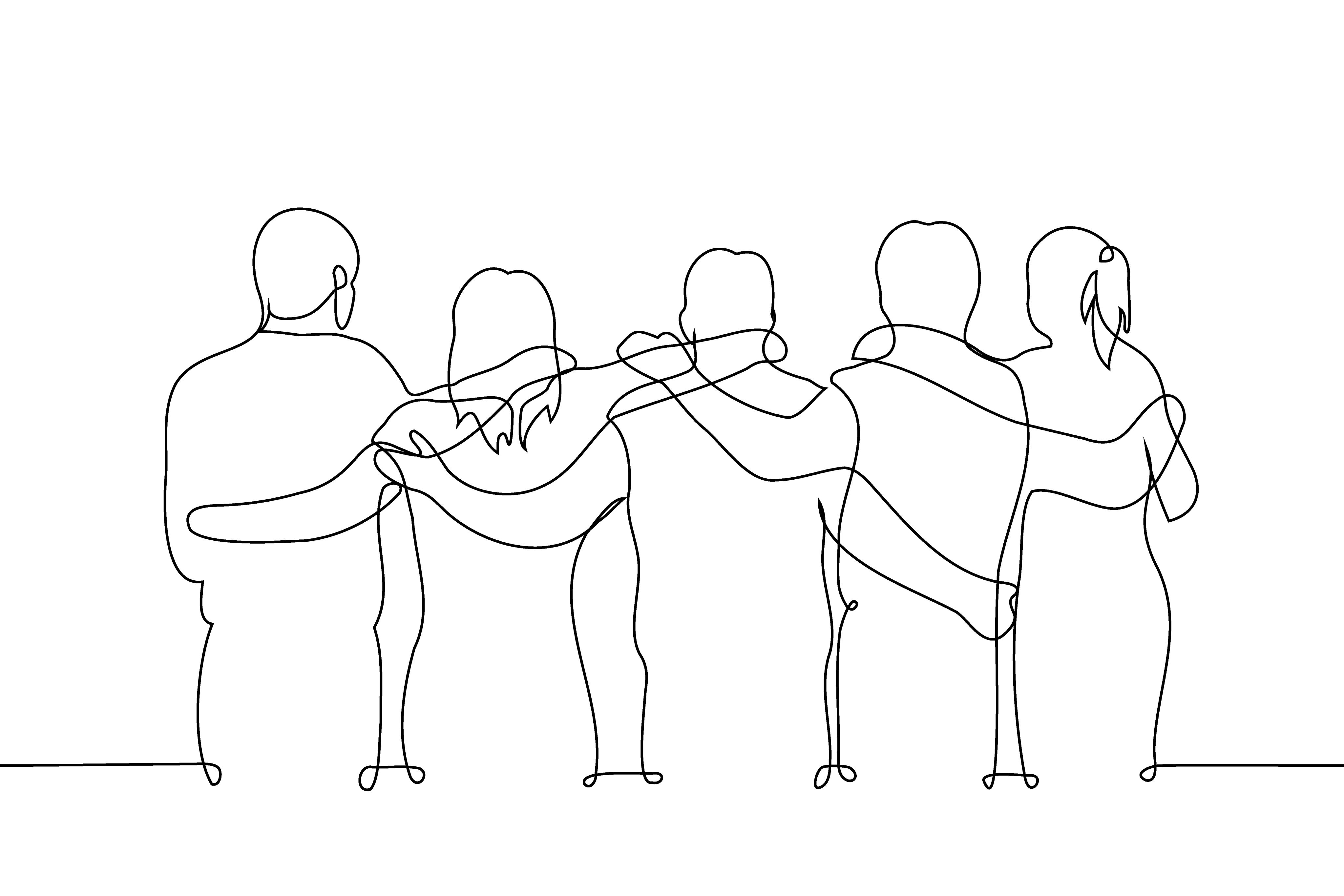 Line drawing of a group of people in a line with arms around each other
