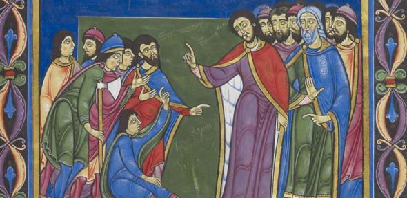 Frontispiece to the Book of Numbers. Moses and Aaron number the people of Israel, CCCC MS 2, f. 70r. 