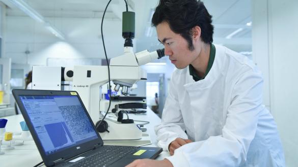 A student with scientific equipment and a laptop