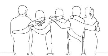 Line drawing of a group of people in a line with arms around each other