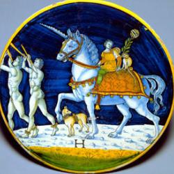 Caesar's Horse from a Triumph of Caesar, 1514. Maiolica dish after Jacopo di Stefano Schiavone